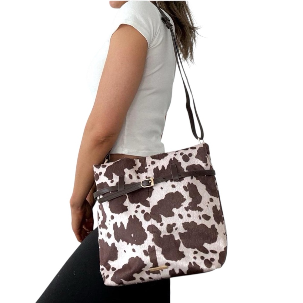 House of Harlow 1960 Shoulder Bag Cow Print Adjustable Strap Western Brown White
